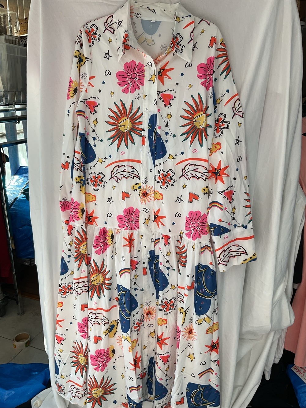White Floral & Celestial Print Button-Up Shirt Dress